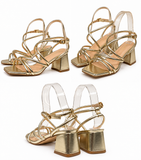 Sandalias doradas de plataforma y tacón ancho -Tacones de fiesta y ceremonia - FELIZ SHOPPING 