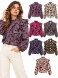Blusa de Mujer Estampada con Volantes, Cuello Alto y Manga Larga 12780