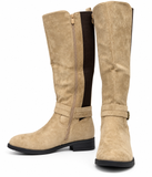 Botas Altas de Mujer Efecto Ante con Hebilla, Caña Elástica, Cremallera Lateral y Tacón Bajo – Marrón y Beige tf8959