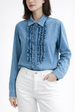 Camisa vaquera de mujer con volantes, manga larga y estilo casual C9408