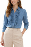 Camisa vaquera de mujer con volantes, manga larga y estilo casual C9408