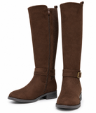 Botas Altas de Mujer Efecto Ante con Hebilla, Caña Elástica, Cremallera Lateral y Tacón Bajo – Marrón y Beige tf8959