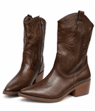 Botas Camperas Cowboy para Mujer Marrón Chocolate con Bordados, Punta Fina, Tacón Ancho y Cremallera Lateral – Estilo Western k5081