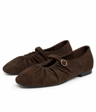 Bailarinas Mujer Estilo Mary Jane de Antelina con Hebilla Dorada -Zapatos Planos Elegantes con Fruncido -4 Colores P154
