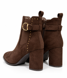 Botines de Mujer con Tacón Ancho, Punta Fina, Hebilla Dorada y Tachuelas – Negro y Marrón sv015