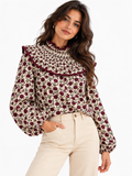 Blusa Floral de Mujer con Volantes y Cuello Fruncido | Manga Abullonada | Estilo Vintage 80341