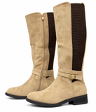 Botas Altas de Mujer Efecto Ante con Hebilla, Caña Elástica, Cremallera Lateral y Tacón Bajo – Marrón y Beige tf8959