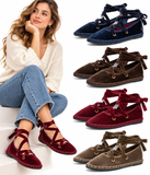 Zapatos Bailarinas Mujer de Terciopelo con Cordones Cruzados, Lazo al Tobillo, Suela Plana, Estilo Casual Elegante, 4 Colores YR913