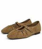 Bailarinas Mujer Estilo Mary Jane de Antelina con Hebilla Dorada -Zapatos Planos Elegantes con Fruncido -4 Colores P154