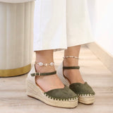 Sandalias de cuña estilo alpargata con punta cerrada | Correa al tobillo - FELIZ SHOPPING 