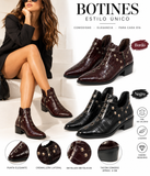 Botines de Mujer Efecto Cocodrilo con Tachuelas y Ojales Metálicos, Punta Fina, Tacón Ancho y Cremallera Lateral – Negro y Burdeos 5801