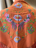 M01-2 Mantón bordado teja con flores y aves con flecos MANT3999