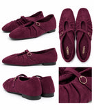 Bailarinas Mujer Estilo Mary Jane de Antelina con Hebilla Dorada -Zapatos Planos Elegantes con Fruncido -4 Colores P154
