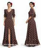 7364 Vestido Flamenco Largo de Lunares con Escote en V y Volante