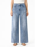 Jeans de tiro alto y pierna ancha con tachuelas KW8848
