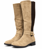 Botas Altas de Mujer Efecto Ante con Hebilla, Caña Elástica, Cremallera Lateral y Tacón Bajo – Marrón y Beige tf8959