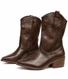 Botas Camperas Cowboy para Mujer Marrón Chocolate con Bordados, Punta Fina, Tacón Ancho y Cremallera Lateral – Estilo Western k5081