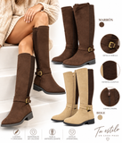 Botas Altas de Mujer Efecto Ante con Hebilla, Caña Elástica, Cremallera Lateral y Tacón Bajo – Marrón y Beige tf8959