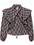 Blusa de Mujer Estampada con Volantes, Cuello Alto y Manga Larga 12780