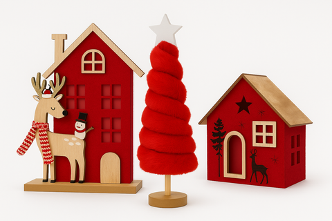 Set de 3 Decoraciones Navideñas: Casa Roja × Reno × Árbol de Felpa TK25