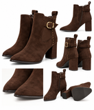 Botines de Mujer con Tacón Ancho, Punta Fina, Hebilla Dorada y Tachuelas – Negro y Marrón sv015
