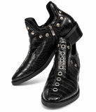 Botines de Mujer Efecto Cocodrilo con Tachuelas y Ojales Metálicos, Punta Fina, Tacón Ancho y Cremallera Lateral – Negro y Burdeos 5801
