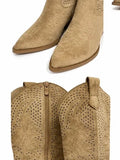Botas Camperas de Mujer con Bordado Calado, Tacón Ancho de 6 cm, Punta Fina, Estilo Cowboy Western HQ16
