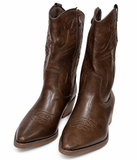 Botas Camperas Cowboy para Mujer Marrón Chocolate con Bordados, Punta Fina, Tacón Ancho y Cremallera Lateral – Estilo Western k5081
