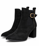 Botines de Mujer con Tacón Ancho, Punta Fina, Hebilla Dorada y Tachuelas – Negro y Marrón sv015
