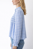 Blusa azul claro de cuello alto con fruncido y manga larga 97017-AZU