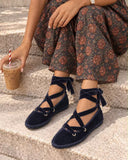 Zapatos Bailarinas Mujer de Terciopelo con Cordones Cruzados, Lazo al Tobillo, Suela Plana, Estilo Casual Elegante, 4 Colores YR913