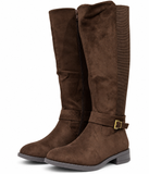 Botas Altas de Mujer Efecto Ante con Hebilla, Caña Elástica, Cremallera Lateral y Tacón Bajo – Marrón y Beige tf8959