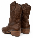 Botas Camperas Cowboy para Mujer Marrón Chocolate con Bordados, Punta Fina, Tacón Ancho y Cremallera Lateral – Estilo Western k5081