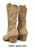Botas Camperas de Mujer con Bordado Calado, Tacón Ancho de 6 cm, Punta Fina, Estilo Cowboy Western HQ16