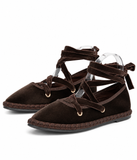 Zapatos Bailarinas Mujer de Terciopelo con Cordones Cruzados, Lazo al Tobillo, Suela Plana, Estilo Casual Elegante, 4 Colores YR913