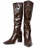 Botas Altas de Mujer con Tacón Ancho y Punta Fina -Efecto Brillante -Cremallera Lateral x8972
