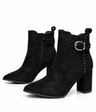 Botines de Mujer con Tacón Ancho, Punta Fina, Hebilla Dorada y Tachuelas – Negro y Marrón sv015