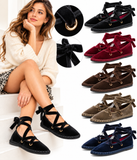 Zapatos Bailarinas Mujer de Terciopelo con Cordones Cruzados, Lazo al Tobillo, Suela Plana, Estilo Casual Elegante, 4 Colores YR913