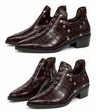 Botines de Mujer Efecto Cocodrilo con Tachuelas y Ojales Metálicos, Punta Fina, Tacón Ancho y Cremallera Lateral – Negro y Burdeos 5801