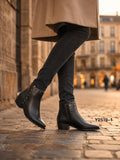 Botines de Mujer Estilo Cowboy con Tachuelas Metálicas, Punta Fina, Tacón Ancho de 4 cm, Cremallera Lateral Y2519