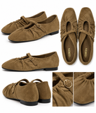 Bailarinas Mujer Estilo Mary Jane de Antelina con Hebilla Dorada -Zapatos Planos Elegantes con Fruncido -4 Colores P154