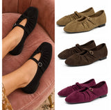 Bailarinas Mujer Estilo Mary Jane de Antelina con Hebilla Dorada -Zapatos Planos Elegantes con Fruncido -4 Colores P154