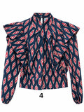 Blusa de Mujer Estampada con Volantes, Cuello Alto y Manga Larga 12780