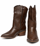 Botas Camperas Cowboy para Mujer Marrón Chocolate con Bordados, Punta Fina, Tacón Ancho y Cremallera Lateral – Estilo Western k5081
