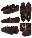 Bailarinas Mujer Estilo Mary Jane de Antelina con Hebilla Dorada -Zapatos Planos Elegantes con Fruncido -4 Colores P154