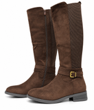 Botas Altas de Mujer Efecto Ante con Hebilla, Caña Elástica, Cremallera Lateral y Tacón Bajo – Marrón y Beige tf8959