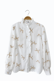 Blusa blanca bordada de manga larga con cuello fruncido 3025-BE