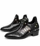 Botines de Mujer Efecto Cocodrilo con Tachuelas y Ojales Metálicos, Punta Fina, Tacón Ancho y Cremallera Lateral – Negro y Burdeos 5801