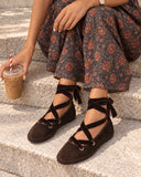 Zapatos Bailarinas Mujer de Terciopelo con Cordones Cruzados, Lazo al Tobillo, Suela Plana, Estilo Casual Elegante, 4 Colores YR913