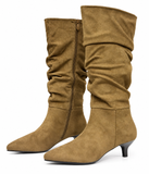 Botas Altas de Mujer con Tacón Bajo Fino, Punta Afilada y Efecto Arrugado – Estilo Elegante SF006
